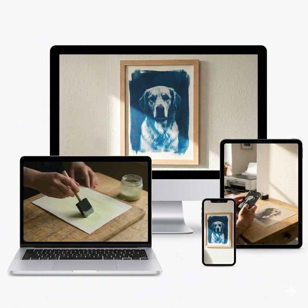 Course displayed on laptop, tablet and phone