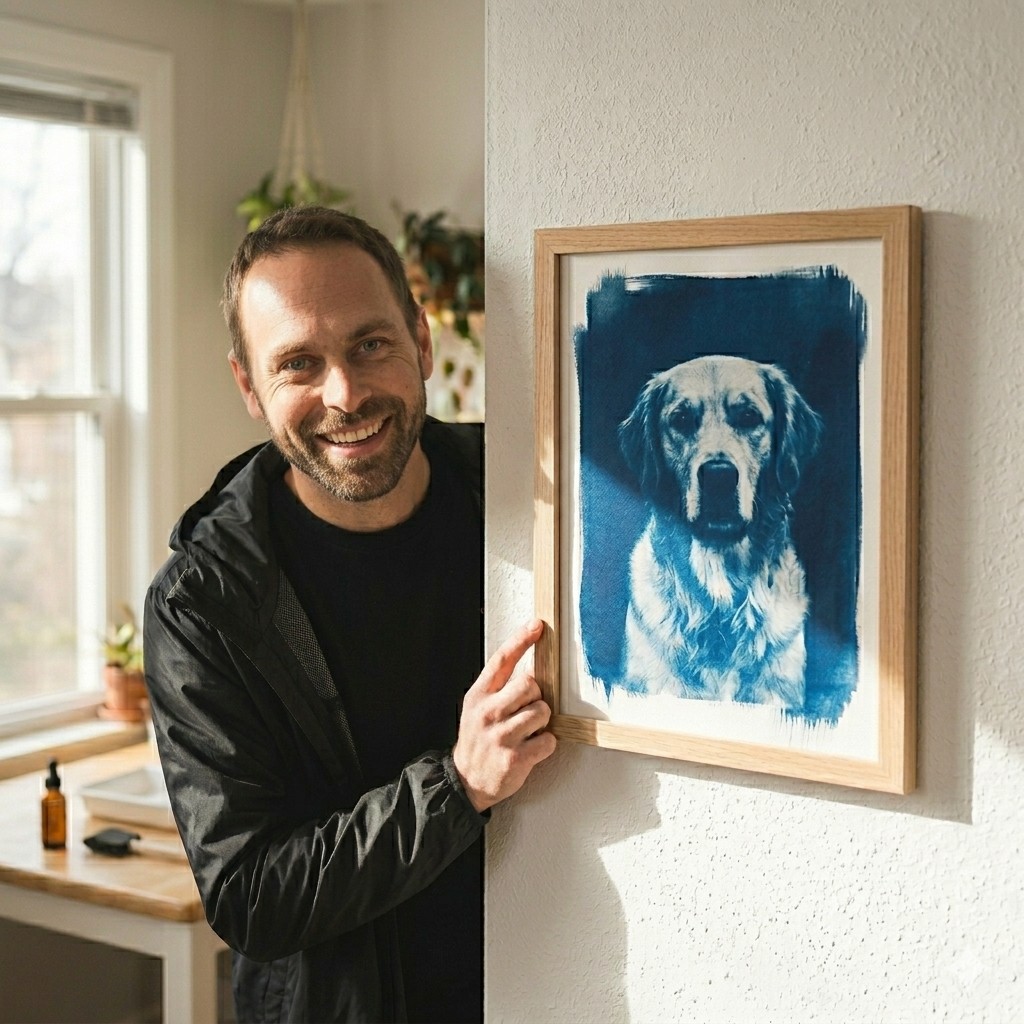 Finished cyanotype dog portrait made with sunlight